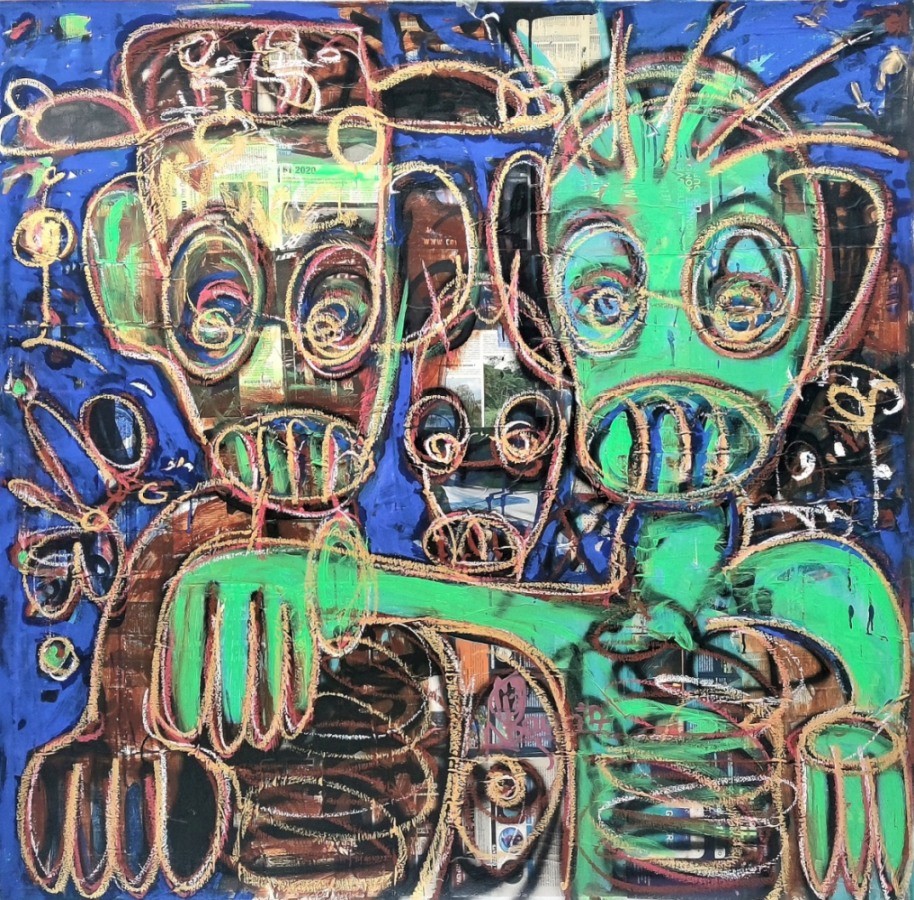 Aboudia 150x150 cm, acrílico y collages sobre lienzo, Artnew Gallery